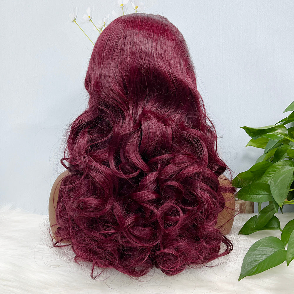 Double Drawn 13*4 Lace Wig Loose Wave Natural Human Hair Lace Wig Color 99J 300% Density