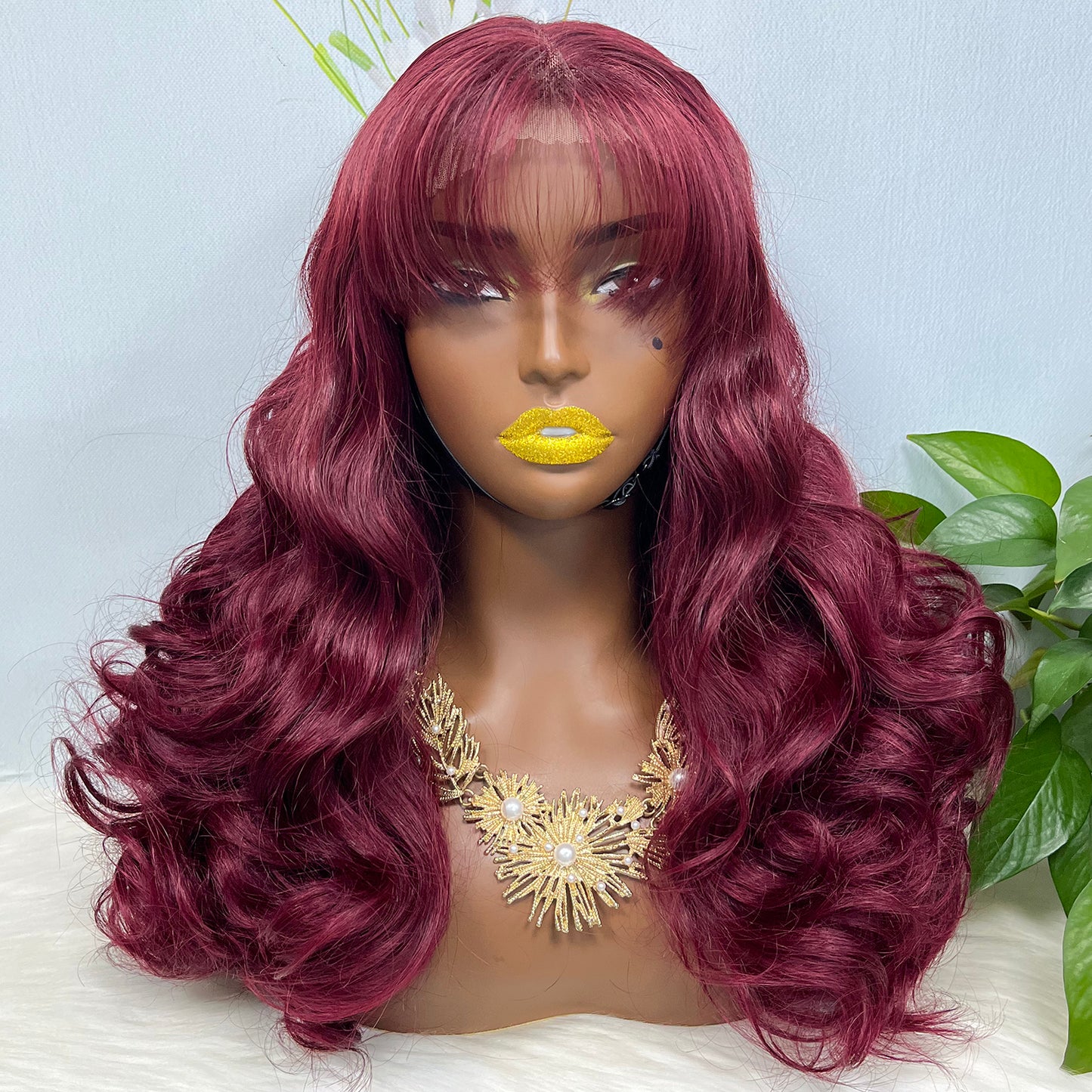 Fringe Double Drawn 5x5 Glueless Lace Wig Loose Wave Human Hair Wigs Wine Color 99J 20 inch