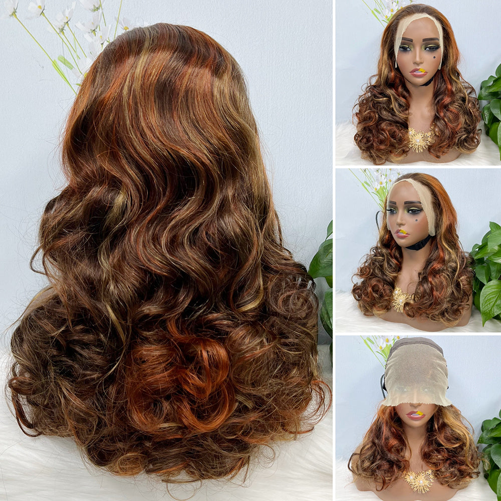 Double Drawn 13*4 Lace Wig Loose Wave Natural Human Hair Lace Wig Color T30/4# 300% Density
