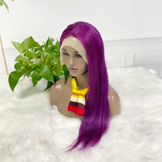 13*4 Lace Wig Straight Natural Human Hair Lace Wigs Color Purple 300% Density