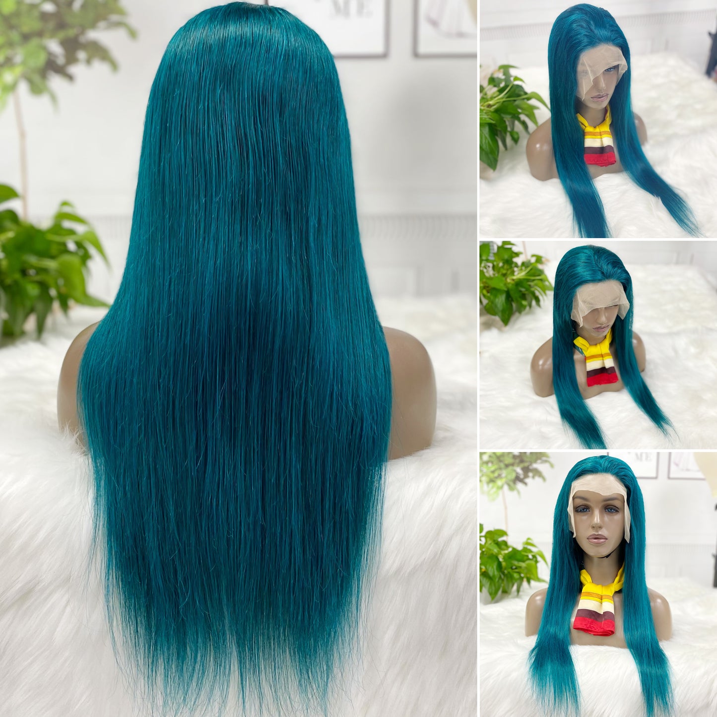 13*4 Lace Wig Straight Natural Human Hair Lace Wigs Color Green 300% Density