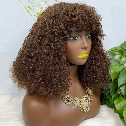 Fringe Double Drawn Wig Human Hair Pixie Curl Wigs 300% Density Brown Color 4#