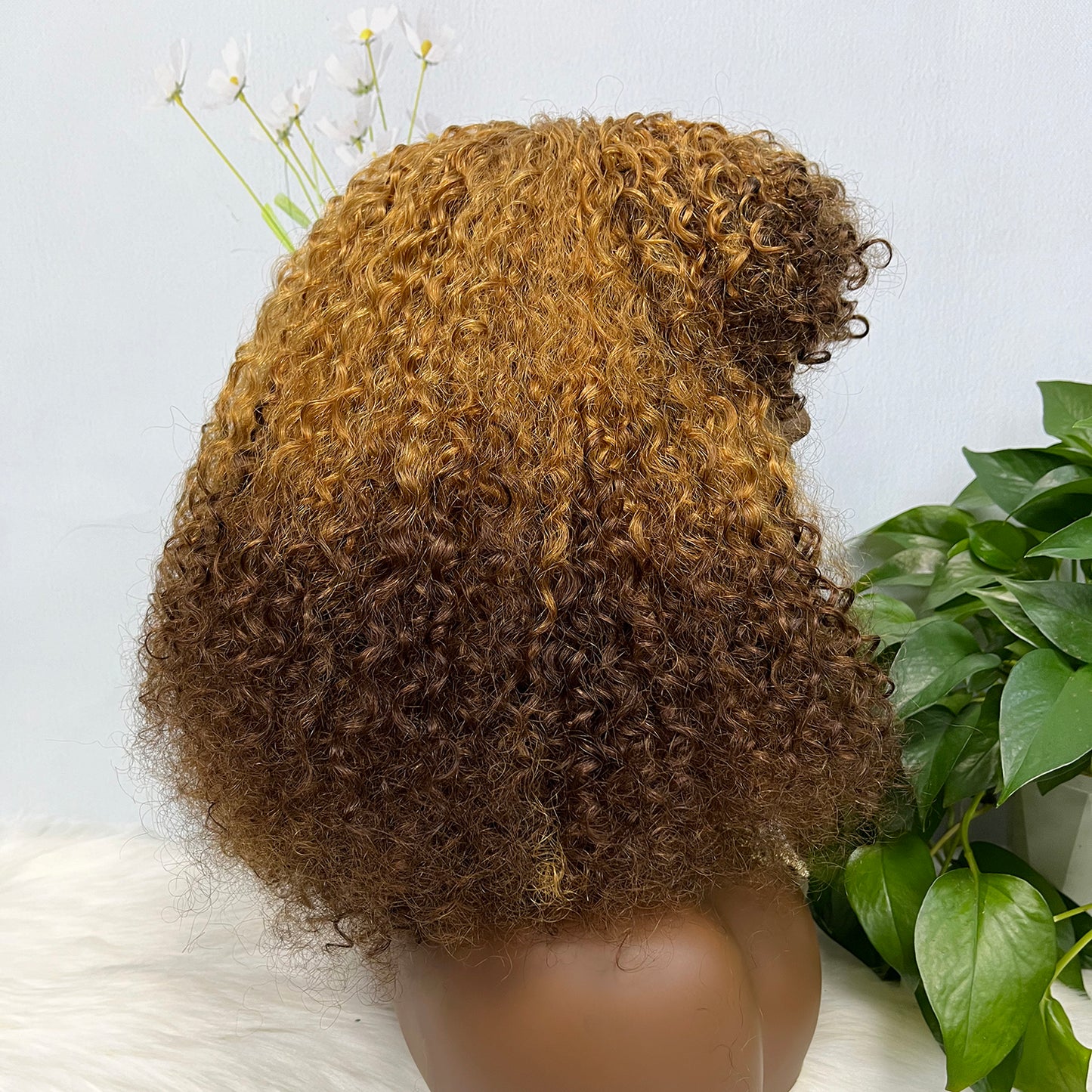 Fringe Double Drawn Wig Human Hair Pixie Curl Wigs 300% Density Ombre Color T4/30/4