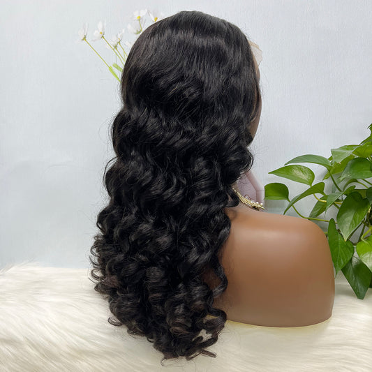 Double Drawn 13*4 Glueless Lace Wig Loose Curl Natural Human Hair Wigs Natural Color 20"