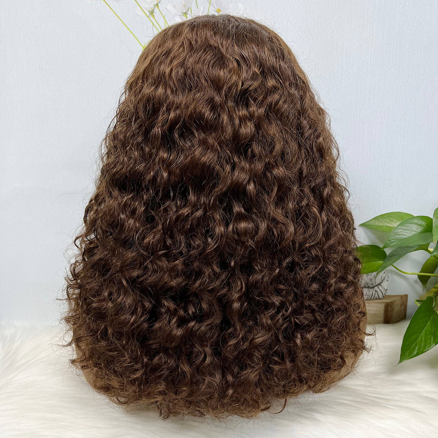 Double Drawn 13*4 Glueless Wig Pissy Curl Natural Human Hair Lace Wig Brown Color 4# 250% Density