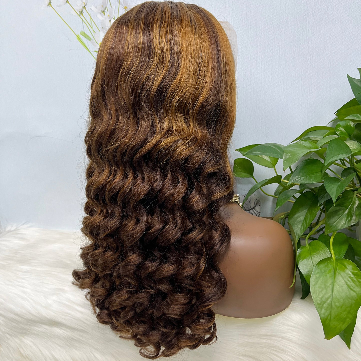 Double Drawn 13*4 Glueless Lace Wig Loose Curl Natural Human Hair Wigs Piano Color P4/30 20"