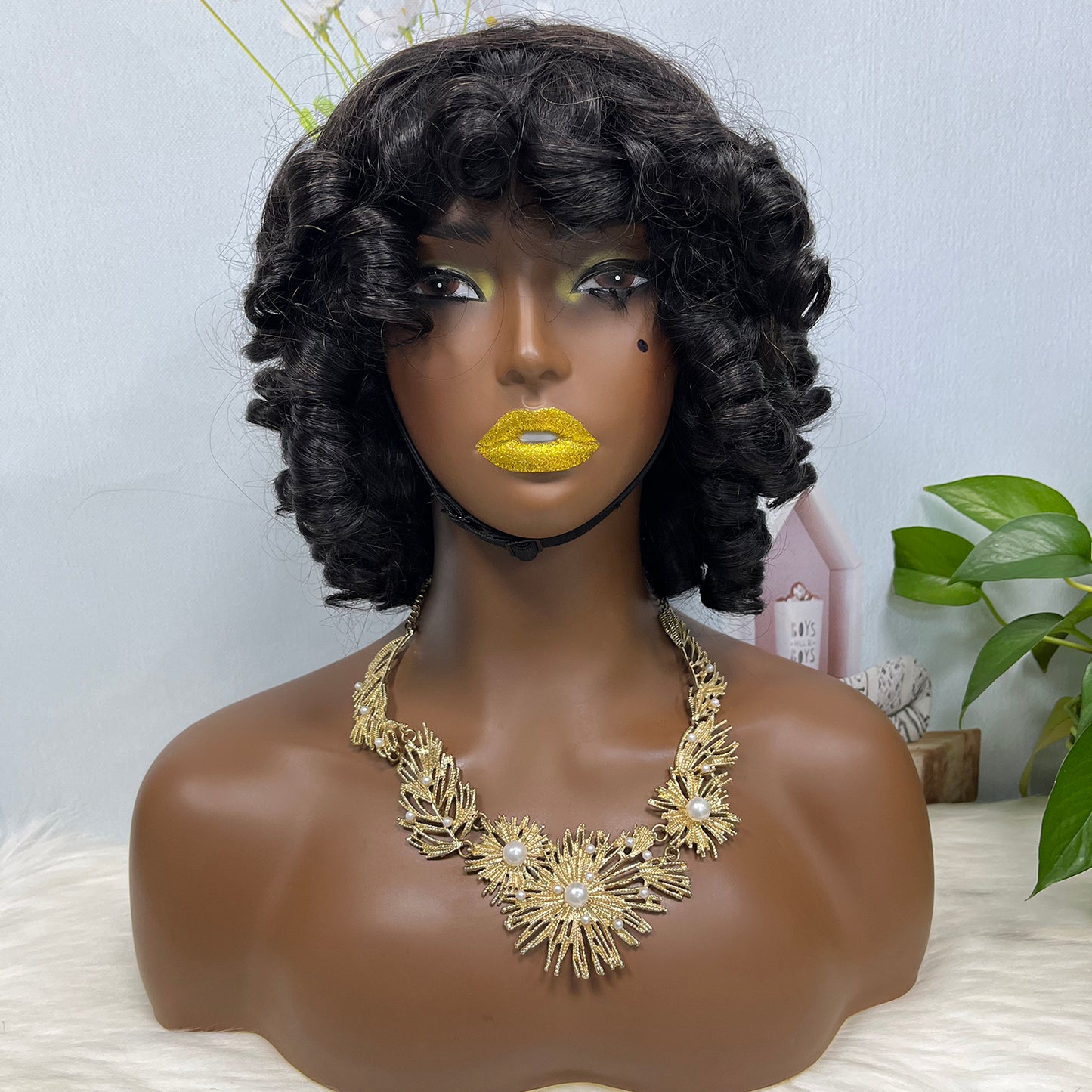 Fringe Double Drawn Human Hair Wig Fumi Curl Natural Color Wigs 14inch