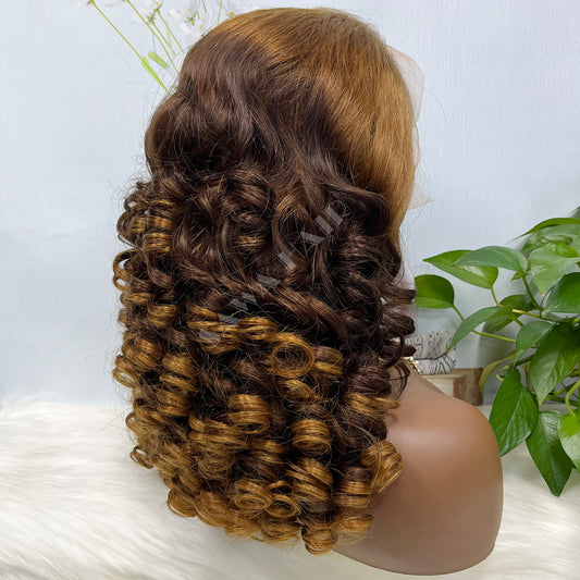Double Drawn 13*4 Glueless Lace Wig Bouncy Curl Natural Human Hair Wigs Ombre Color T30/4/30 20"