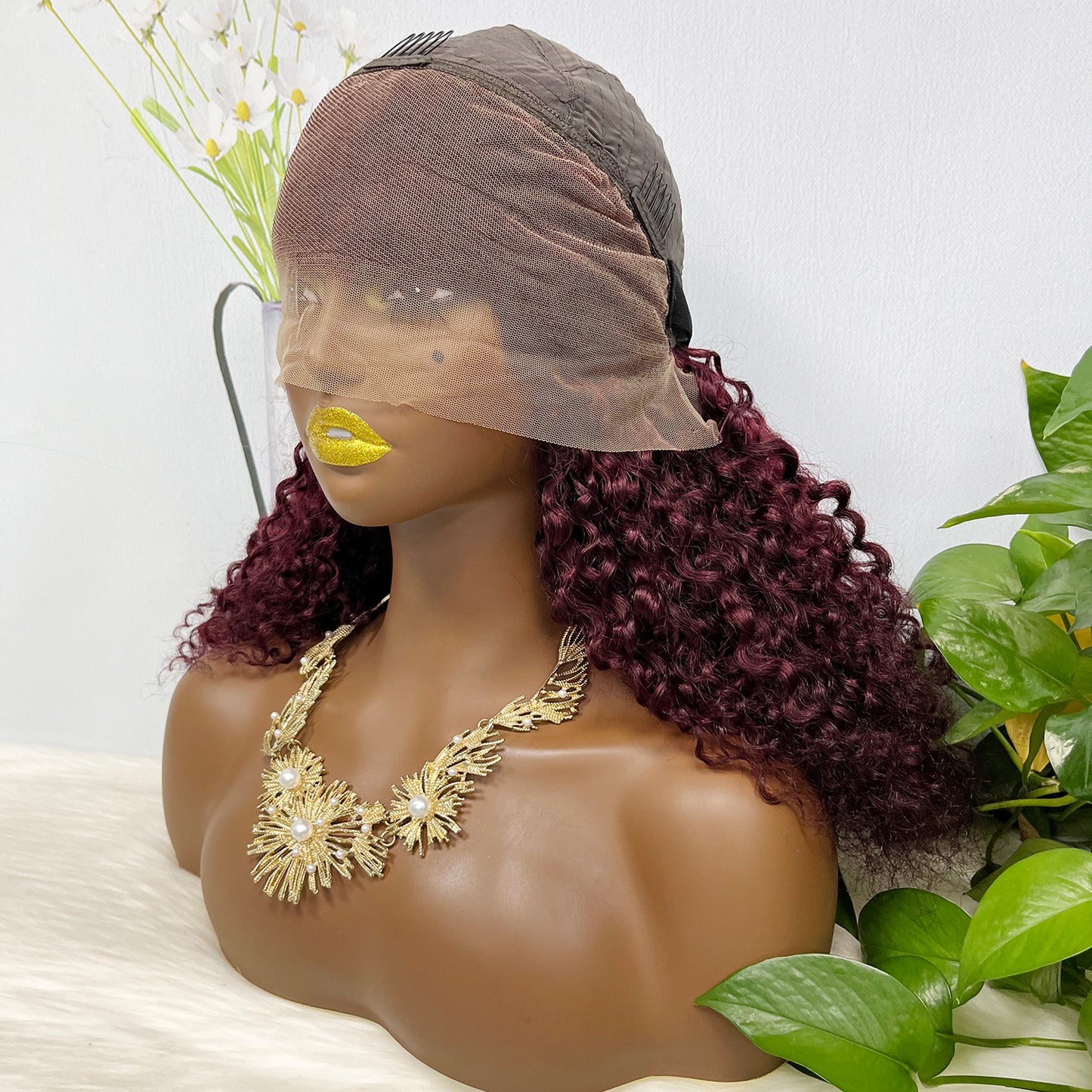 Double Drawn 13x4 Glueless Wig Pixie Curl Natural Human Hair Lace Wigs Wine Color 99J 250% Density
