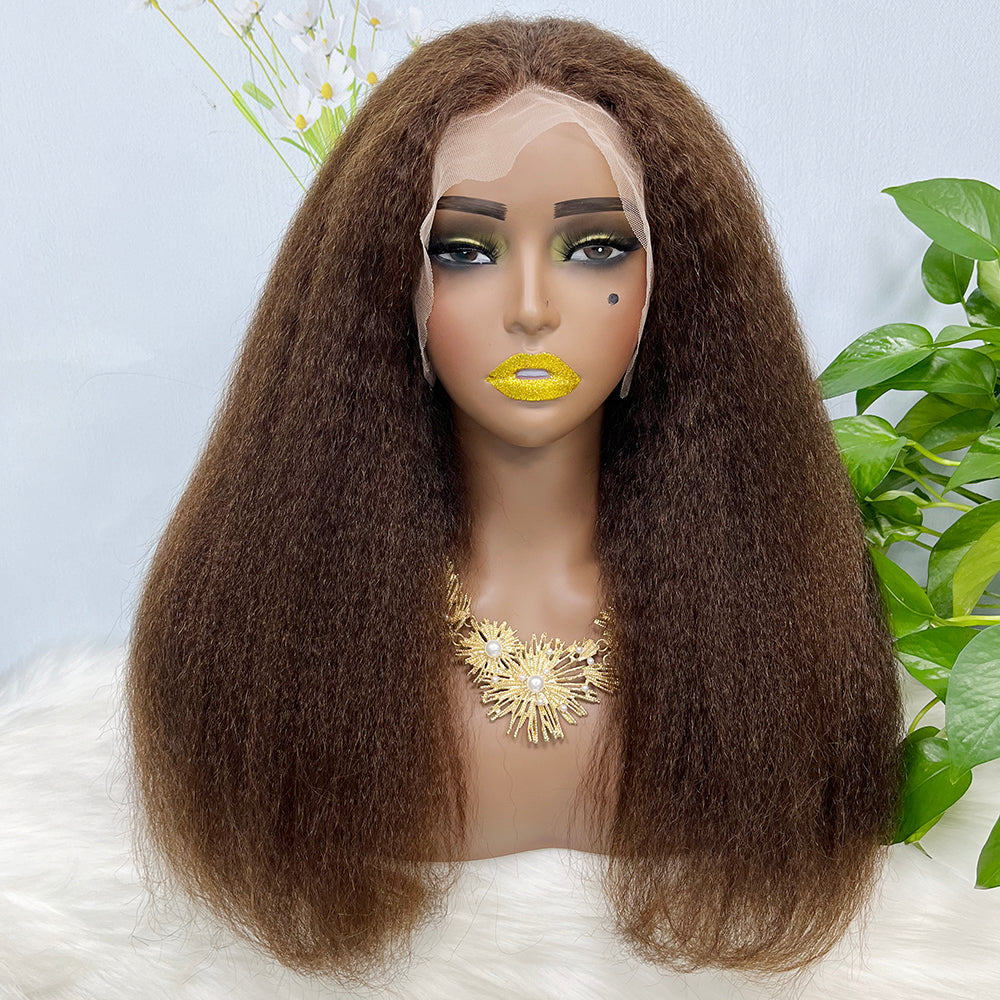 13*4 Lace Wig Kinky Straight Natural Virgin Human Hair Lace Wigs Color 4# 200% Density