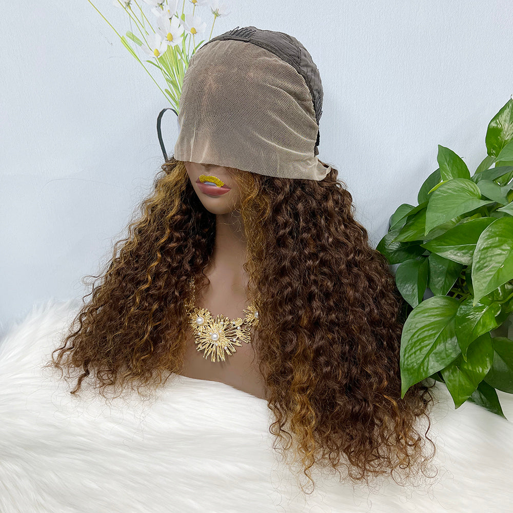 Double Drawn 13*4 Glueless Lace Wig Water Wave Natural Human Hair Wigs Piano Color P4/30