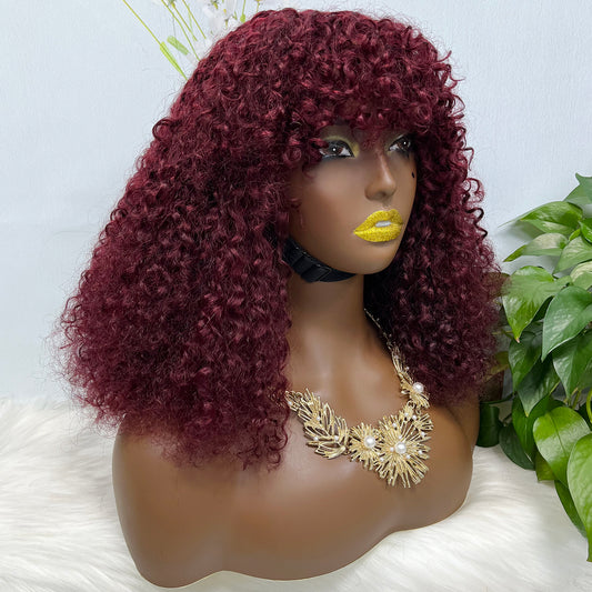 Fringe Double Drawn Wig Human Hair Pixie Curl Wigs 300% Density Wine Color 99J