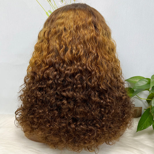 Double Drawn 13*4 Glueless Wig Pissy Curl Natural Human Hair Lace Wig Ombre Color T4/30/4 250% Density