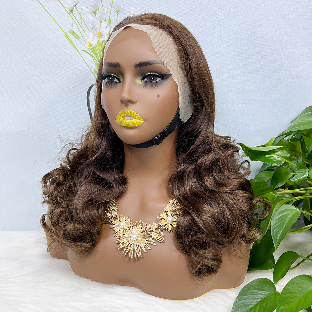 Double Drawn 13*4 Lace Wig Loose Wave Natural Human Hair Lace Wig Color 4# 300% Density