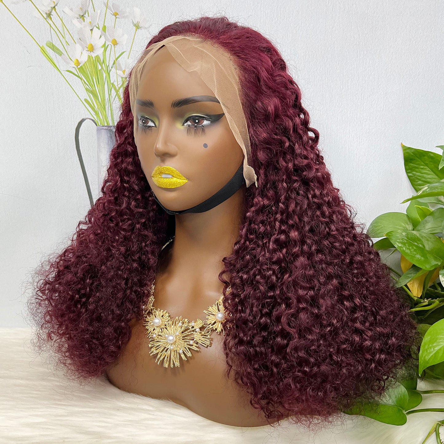 Double Drawn 13x4 Glueless Wig Pixie Curl Natural Human Hair Lace Wigs Wine Color 99J 250% Density