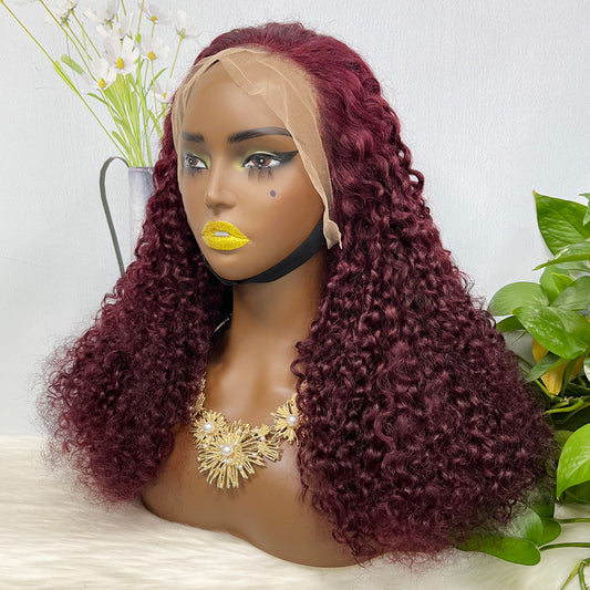 Double Drawn 13x4 Glueless Wig Pixie Curl Natural Human Hair Lace Wigs Wine Color 99J 250% Density