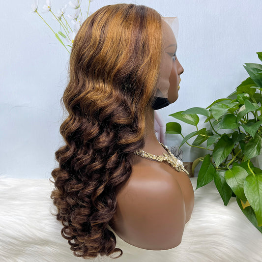 Double Drawn 13*4 Glueless Lace Wig Loose Curl Natural Human Hair Wigs Piano Color P4/30 20"