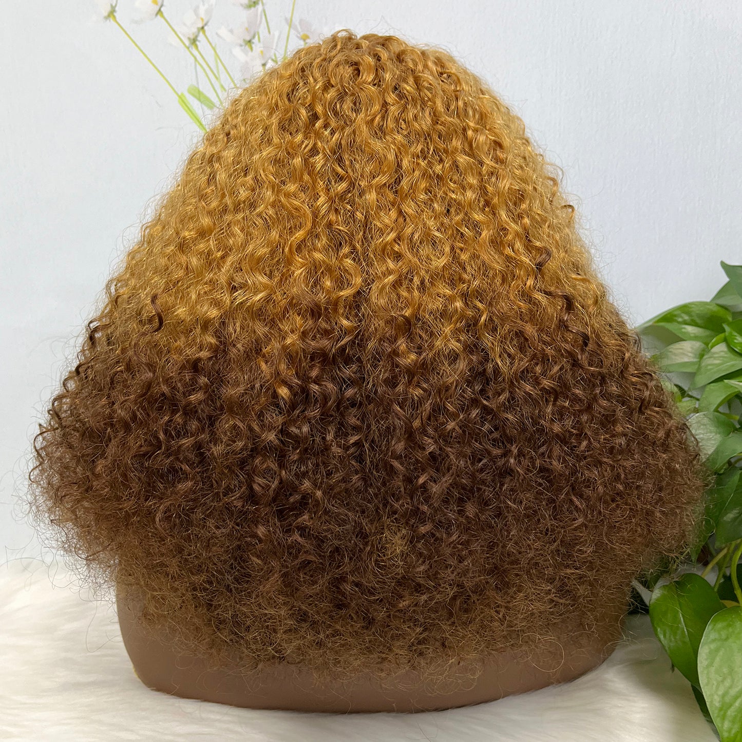 Fringe Double Drawn Wig Human Hair Pixie Curl Wigs 300% Density Ombre Color T4/30/4