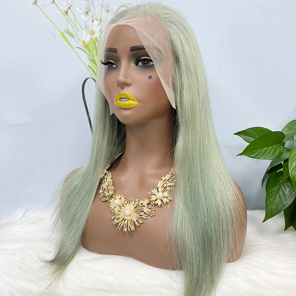 13*4 perruque de dentelle droite naturelle vierge cheveux humains perruque de dentelle couleur vert clair 20 pouces