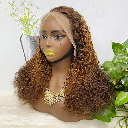 Double Drawn 13x4 Glueless Wig Pixie Curl Natural Human Hair Lace Wigs Ombre Color T4/30/4 250% Density