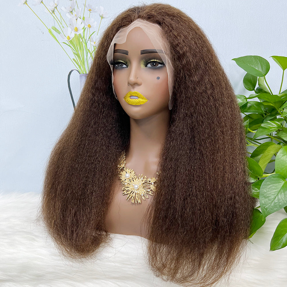 13*4 Lace Wig Kinky Straight Natural Virgin Human Hair Lace Wigs Color 4# 200% Density