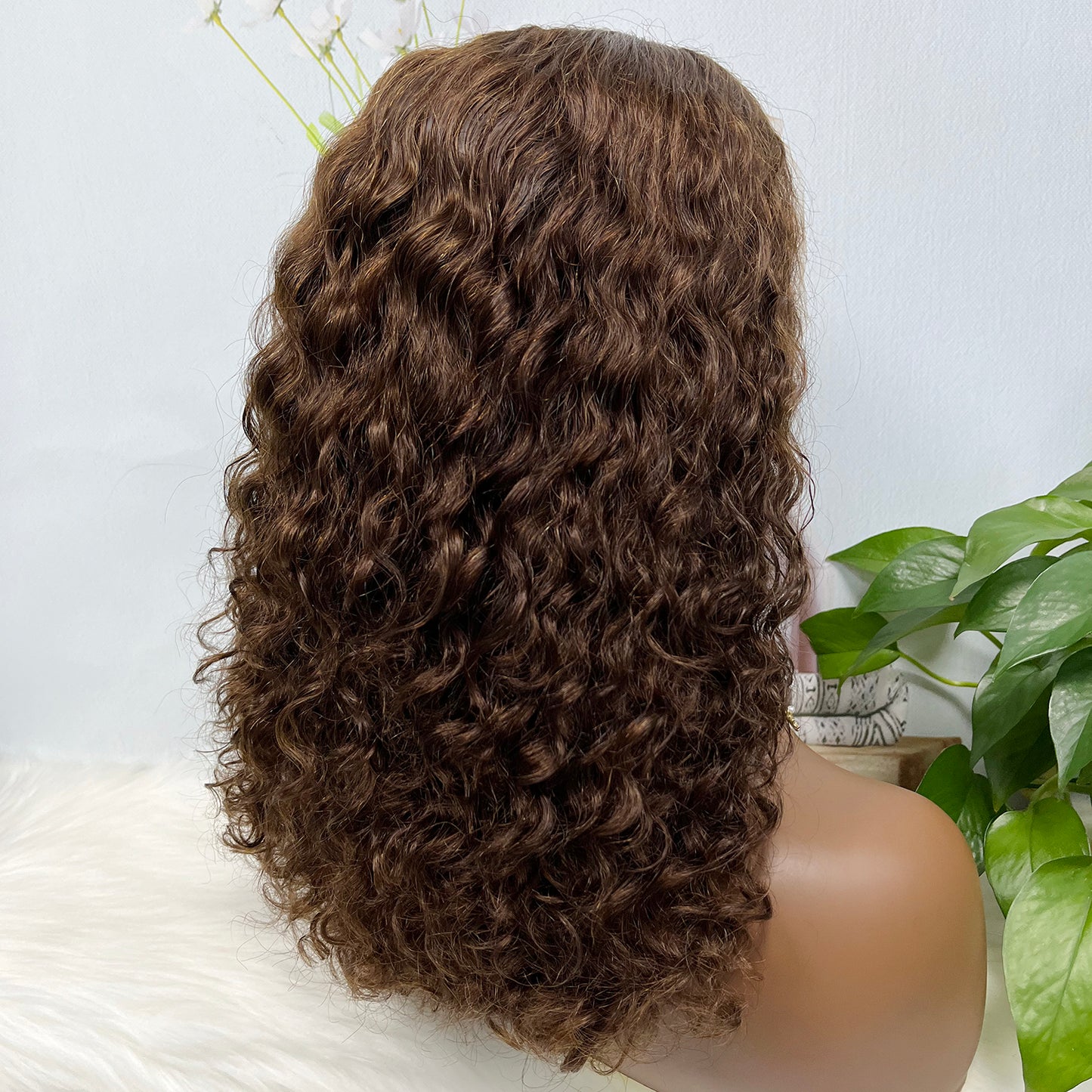 Double Drawn 13*4 Glueless Wig Pissy Curl Natural Human Hair Lace Wig Brown Color 4# 250% Density