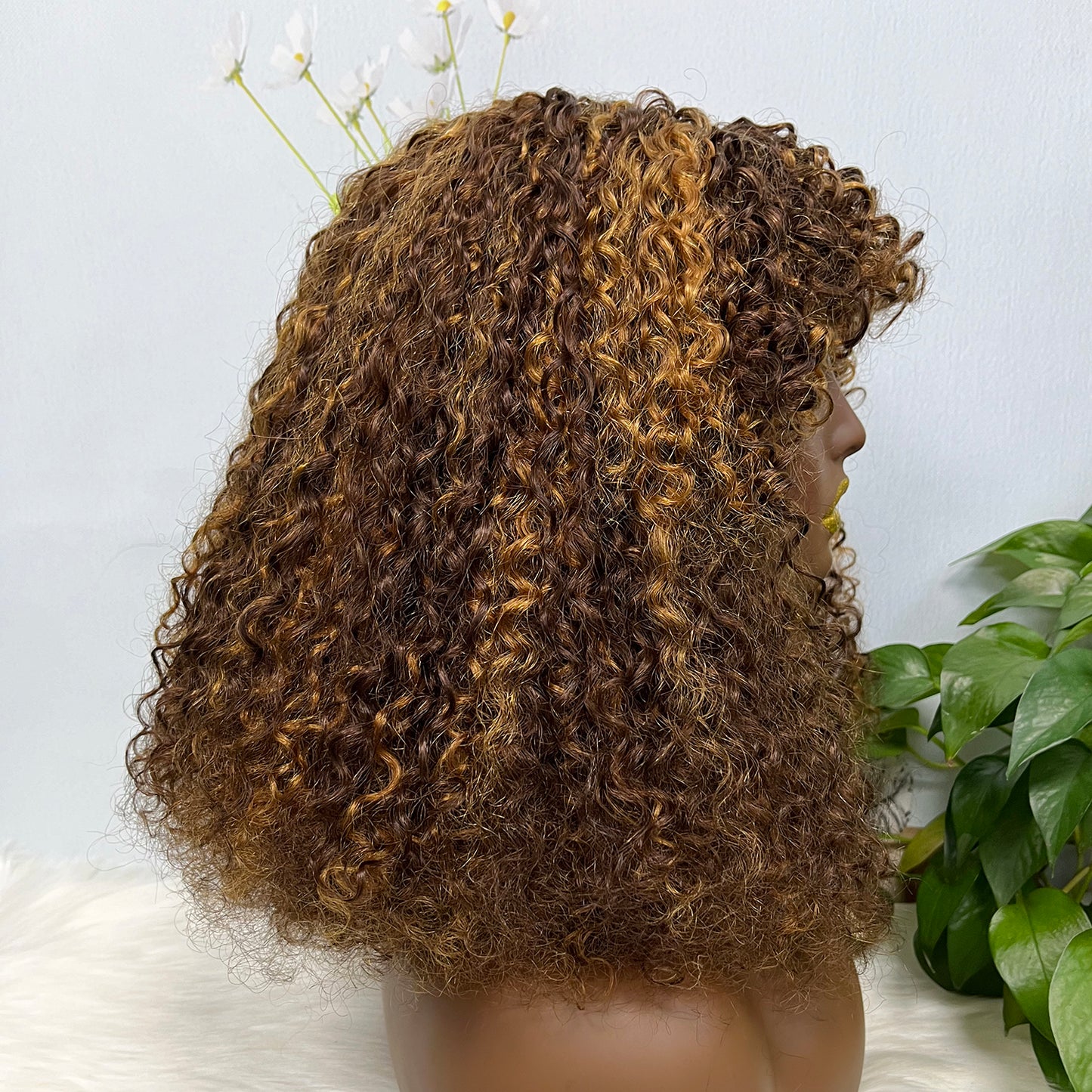 Fringe Double Drawn Wig Human Hair Pixie Curl Wigs 300% Density Piano Color P4/30