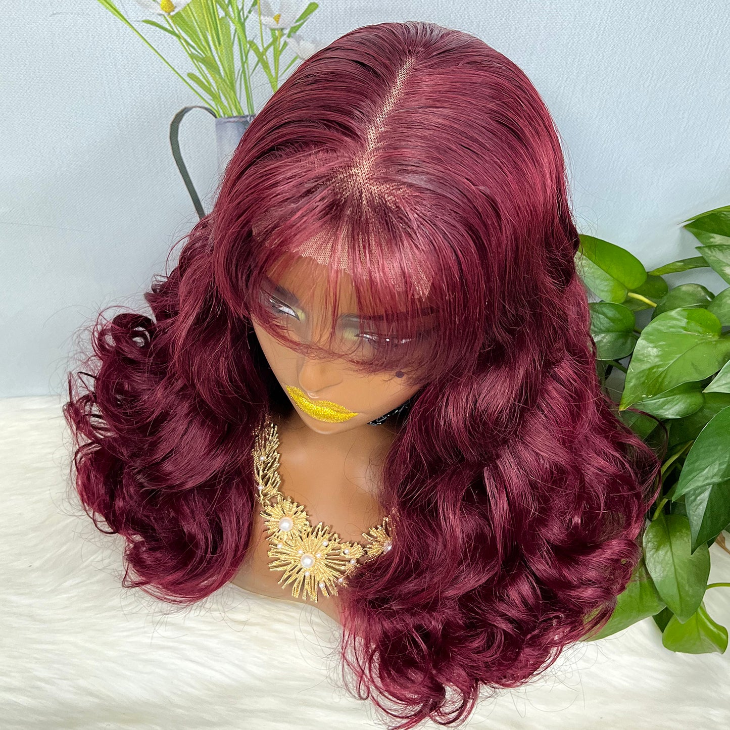 Fringe Double Drawn 5x5 Glueless Lace Wig Loose Wave Human Hair Wigs Wine Color 99J 20 inch