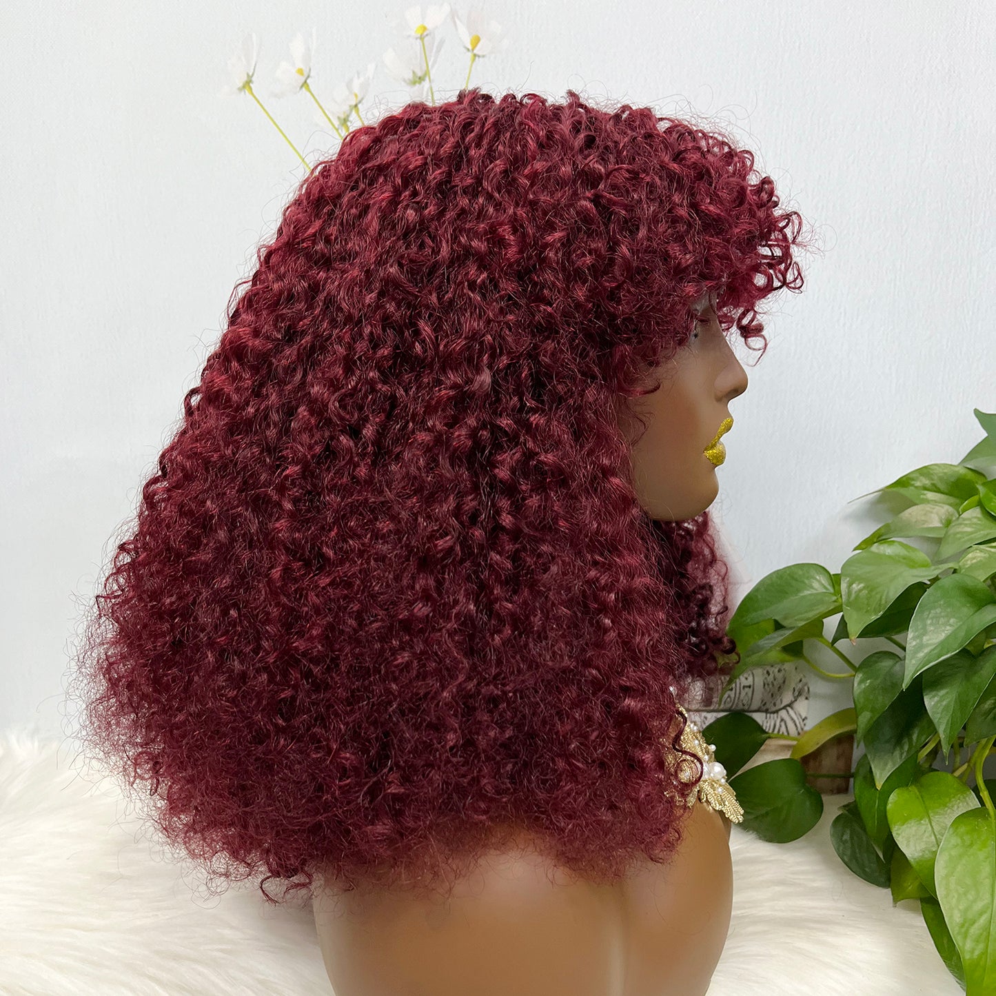 Fringe Double Drawn Wig Human Hair Pixie Curl Wigs 300% Density Wine Color 99J