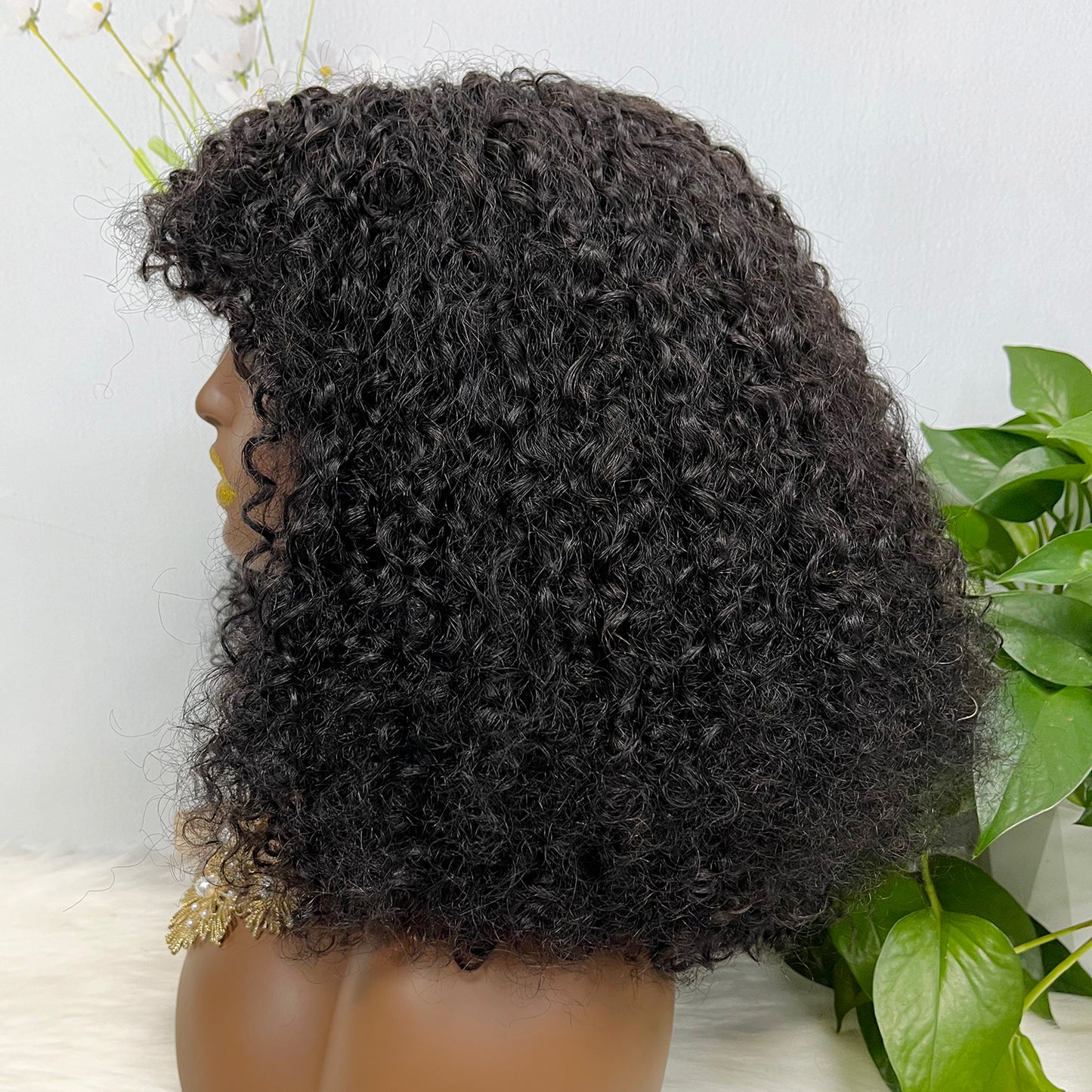 Fringe Double Drawn Wig Human Hair Pixie Curl Wigs Natural Color 300% Density
