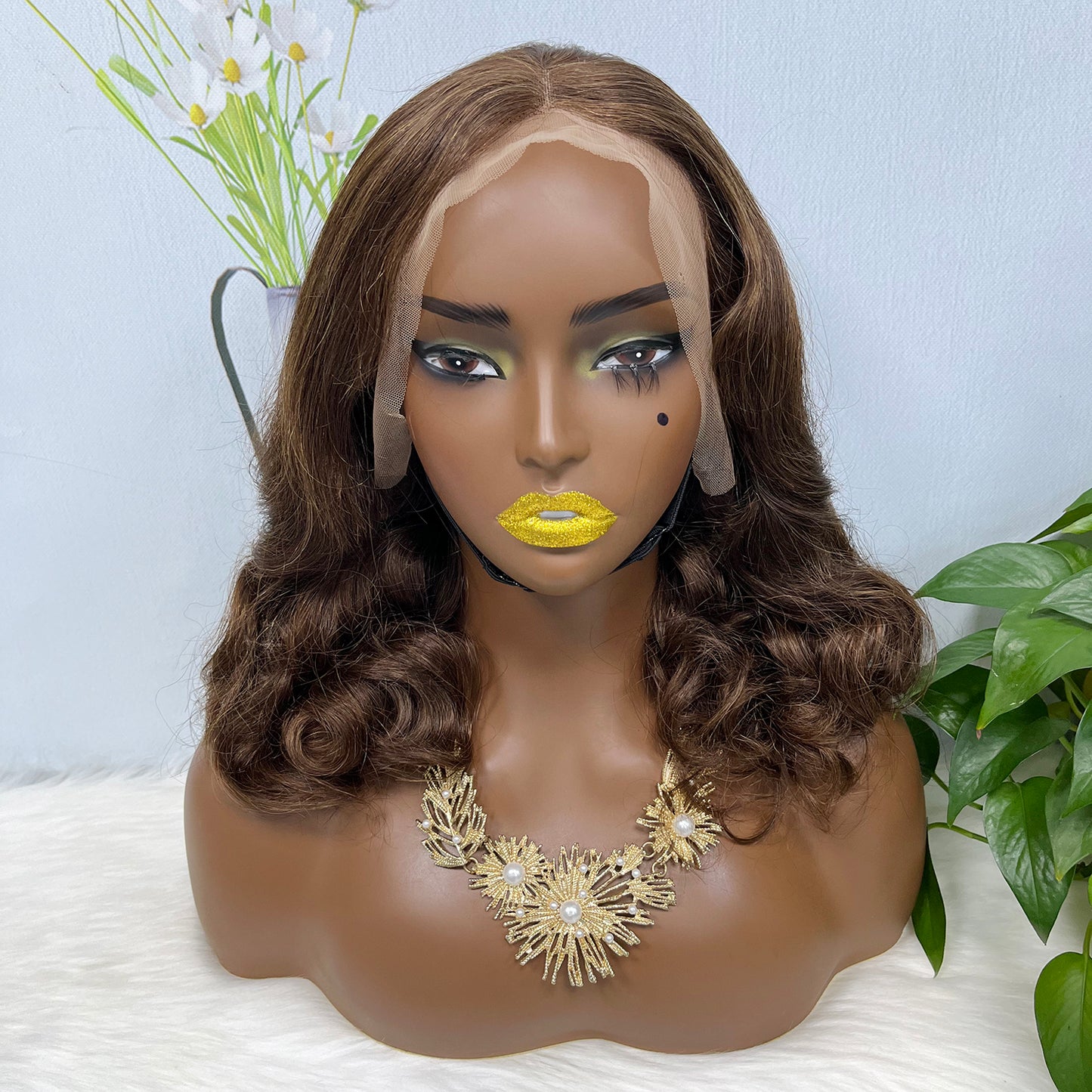 Double Drawn 13*4 Lace Wig Loose Body Wave Natural Human Hair Lace Wigs Brown Color 4# 14"