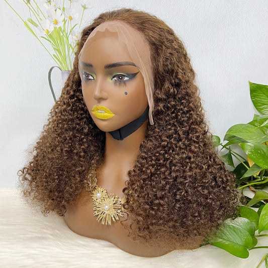 Double Drawn 13x4 Glueless Wig Pixie Curl Natural Human Hair Lace Wigs Brown Color 4# 250% Density