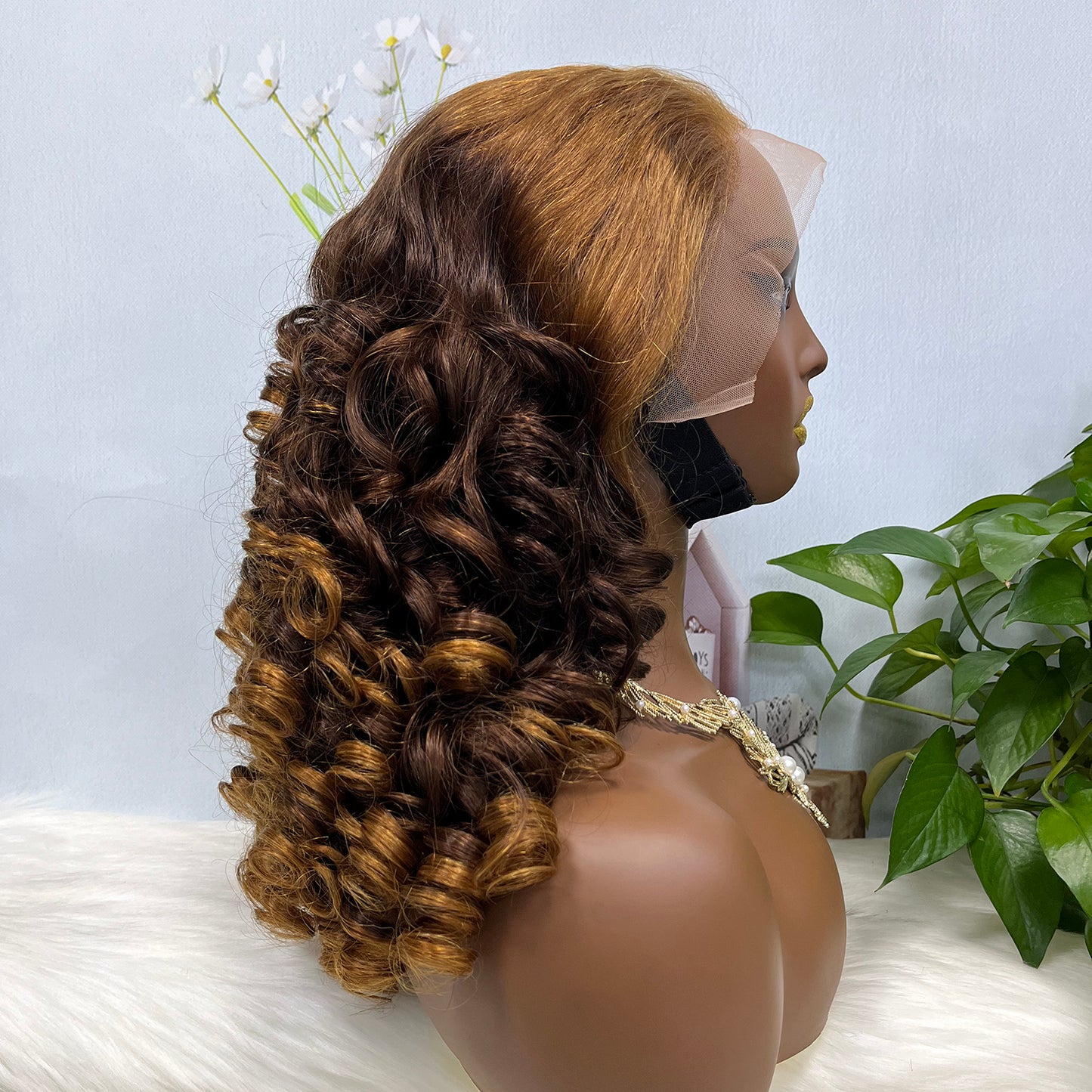 Double Drawn 13*4 Glueless Lace Wig Bouncy Curl Natural Human Hair Wigs Ombre Color T30/4/30 20"