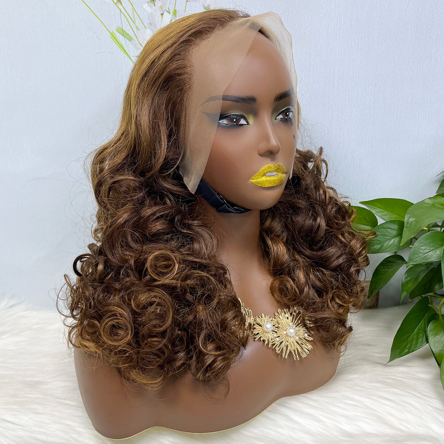 Double Drawn 13*4 Glueless Lace Wig Bouncy Curl Natural Human Hair Wigs Piano Color P4/30 20"