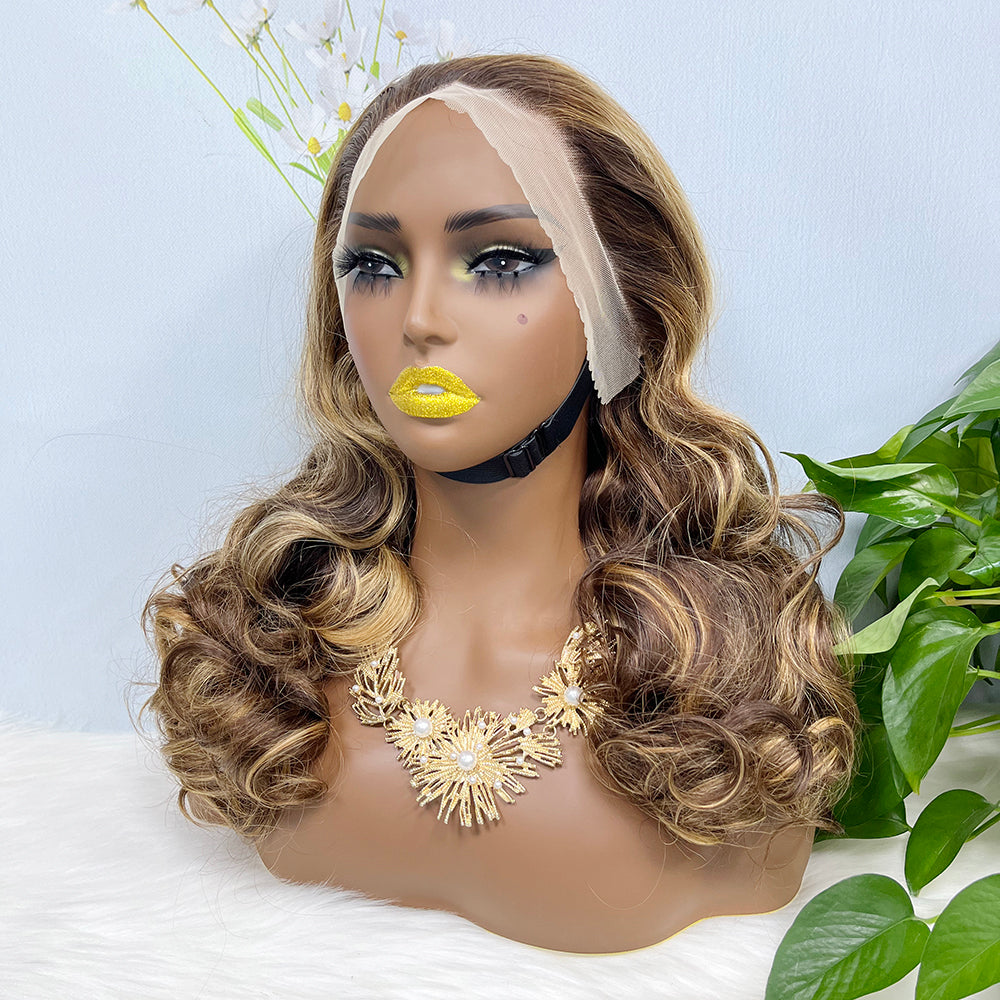 Double Drawn 13*4 Lace Wig Loose Wave Natural Human Hair Lace Wig Color P4/27# 300% Density