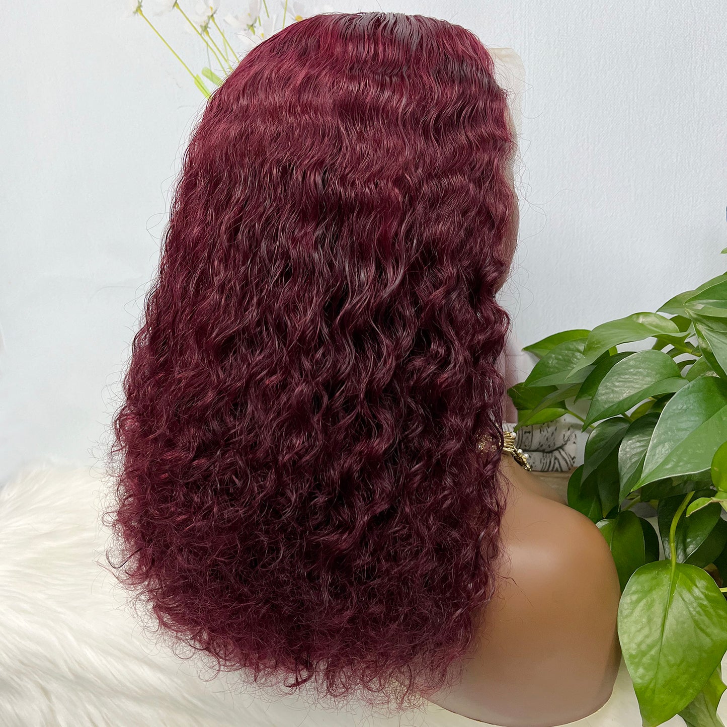 Double Drawn 13*4 Glueless Wig Pissy Curl Natural Human Hair Lace Wig Wine Color 99J 250% Density