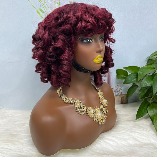 Fringe Double Drawn Human Hair Wig Fumi Curl Wine Color 99J Wigs 14inch