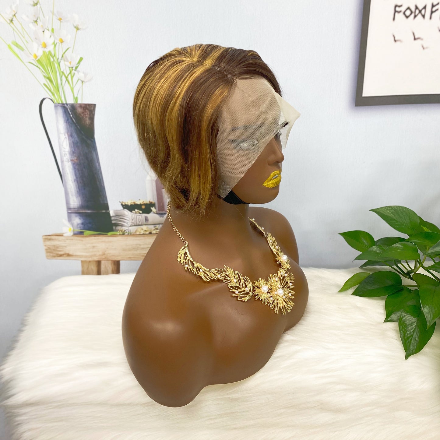 T Lace Wig SX01 Human Hair Wig Natural Hair Wig Color P4/27#