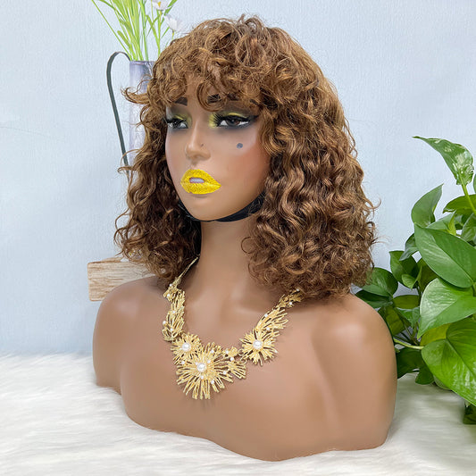 Fringe Double Drawn Wig Water Wave Machine Human Hair Wigs Brown Color 4#