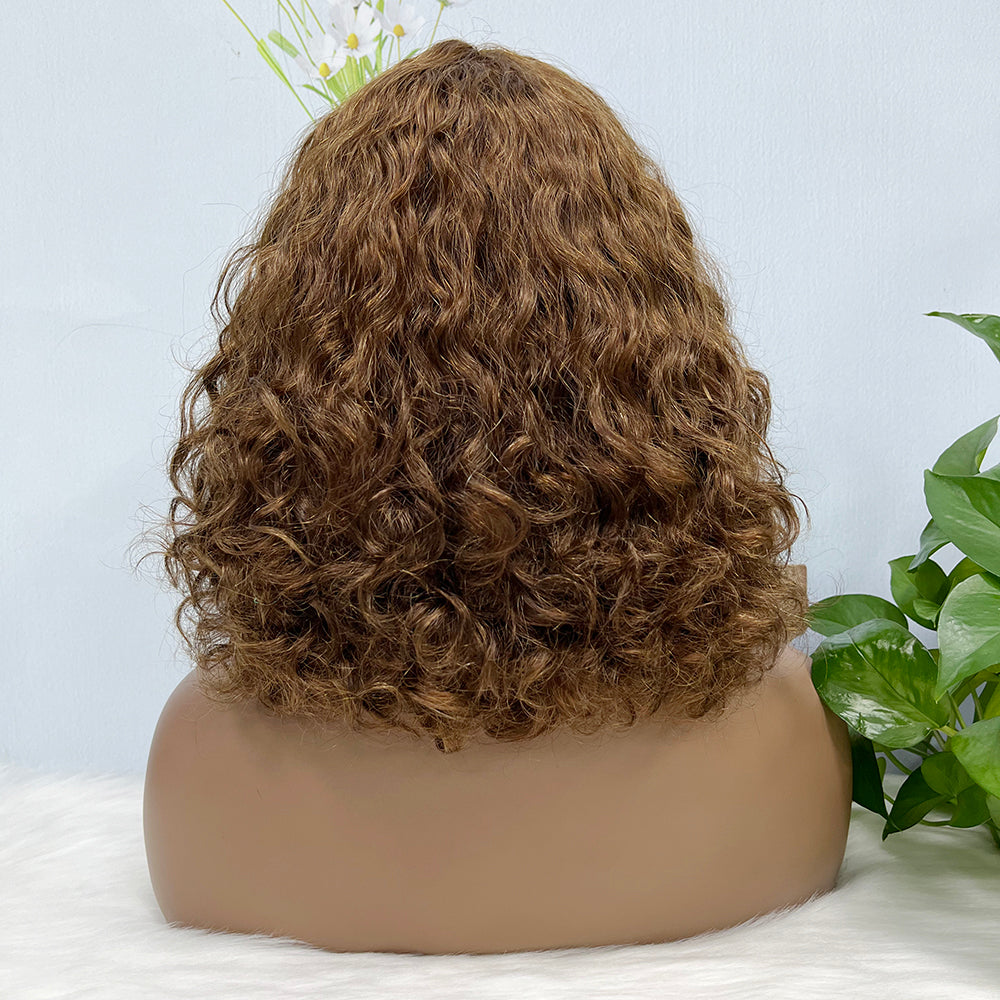 Fringe Double Drawn Wig Water Wave Machine Human Hair Wigs Brown Color 4#