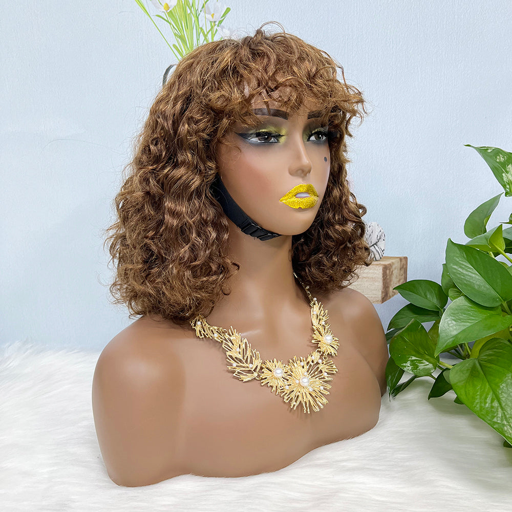 Fringe Double Drawn Wig Water Wave Machine Human Hair Wigs Brown Color 4#