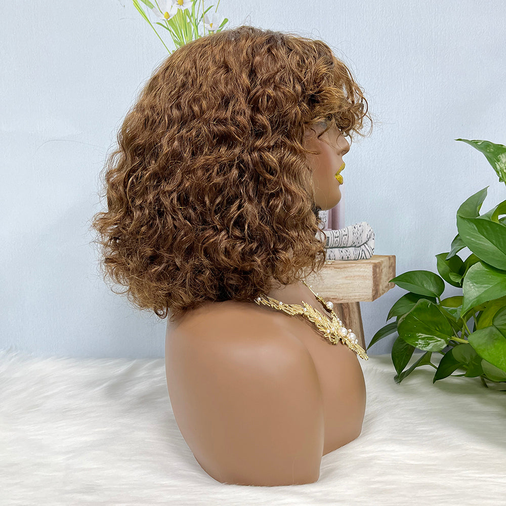 Fringe Double Drawn Wig Water Wave Machine Human Hair Wigs Brown Color 4#