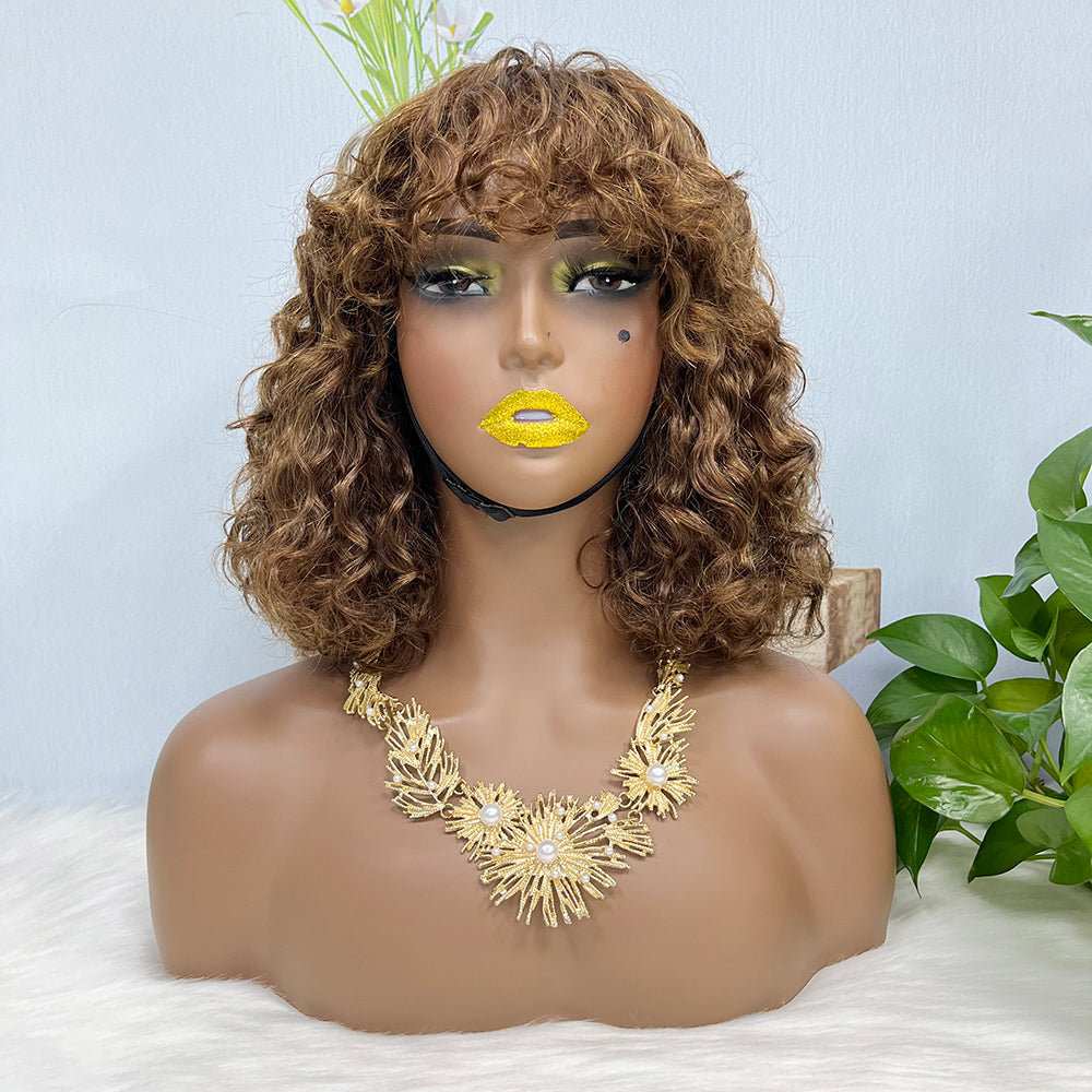 Fringe Double Drawn Wig Water Wave Machine Human Hair Wigs Brown Color 4#