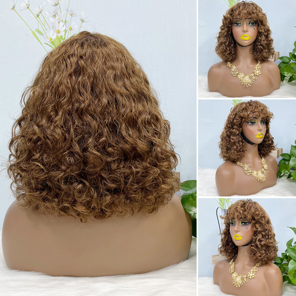 Fringe Double Drawn Wig Water Wave Machine Human Hair Wigs Wine Color 99J
