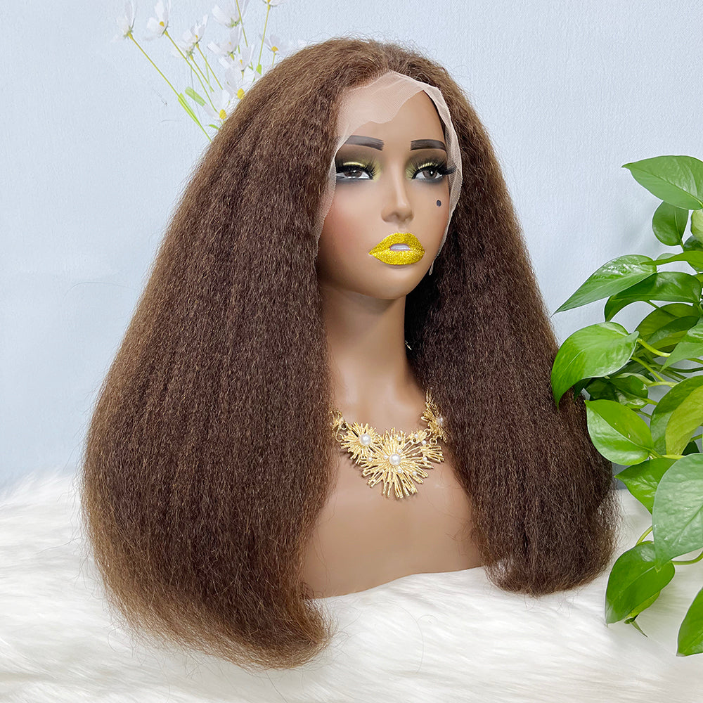 13*4 Lace Wig Kinky Straight Natural Virgin Human Hair Lace Wigs Color 4# 200% Density