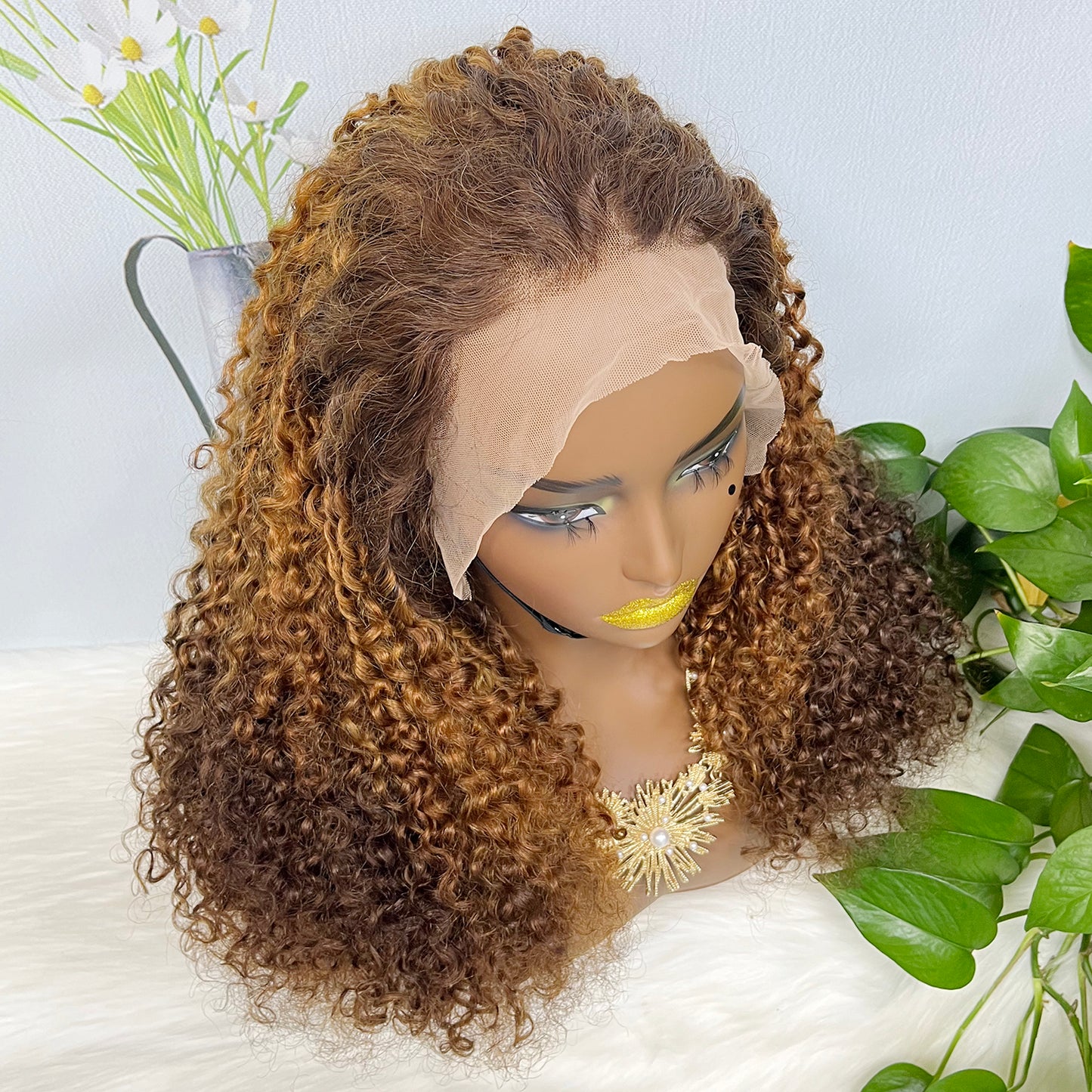Double Drawn 13x4 Glueless Wig Pixie Curl Natural Human Hair Lace Wigs Ombre Color T4/30/4 250% Density