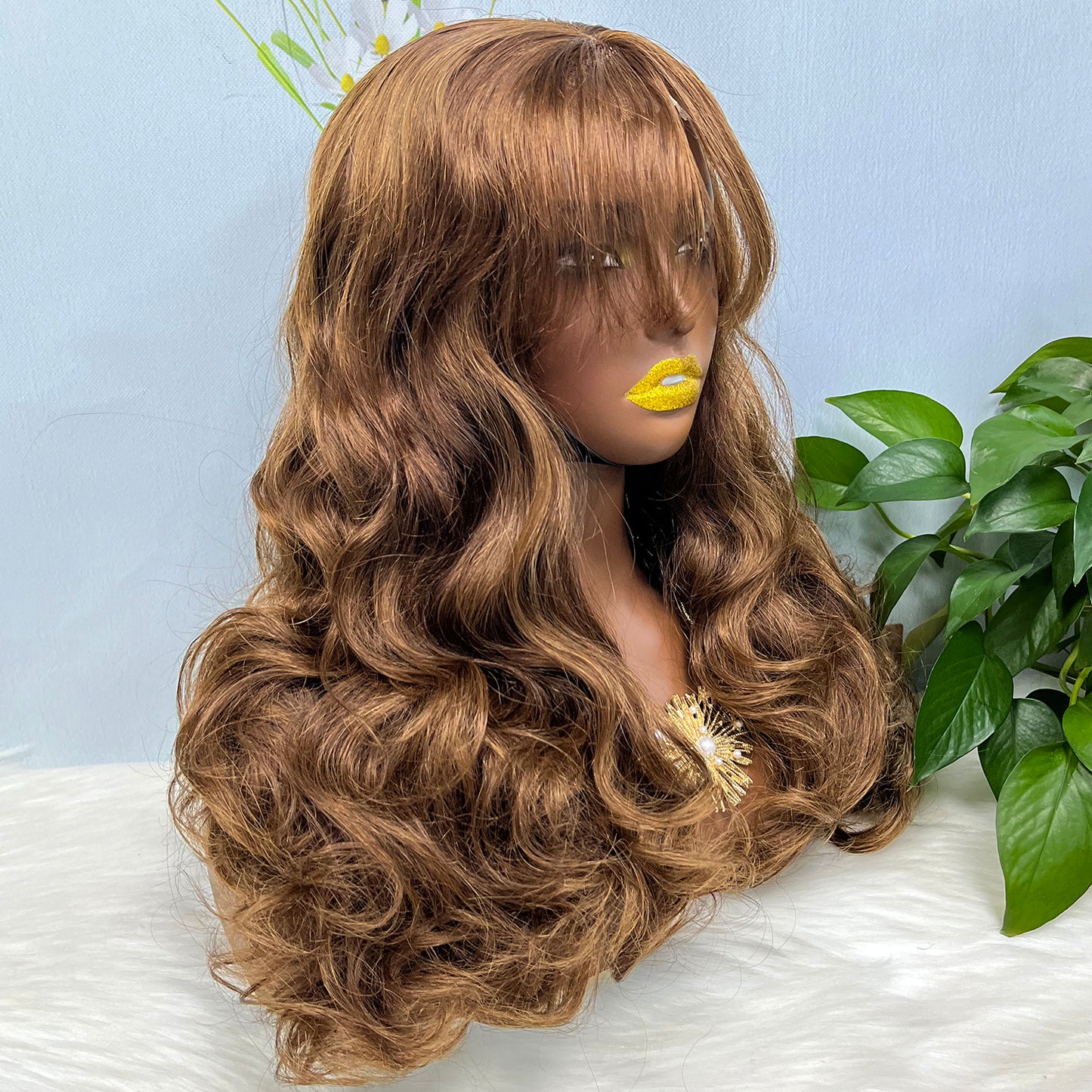 Fringe Double Drawn 5x5 Glueless Lace Wig Loose Wave Human Hair Wigs Brown Color 4# 20inch