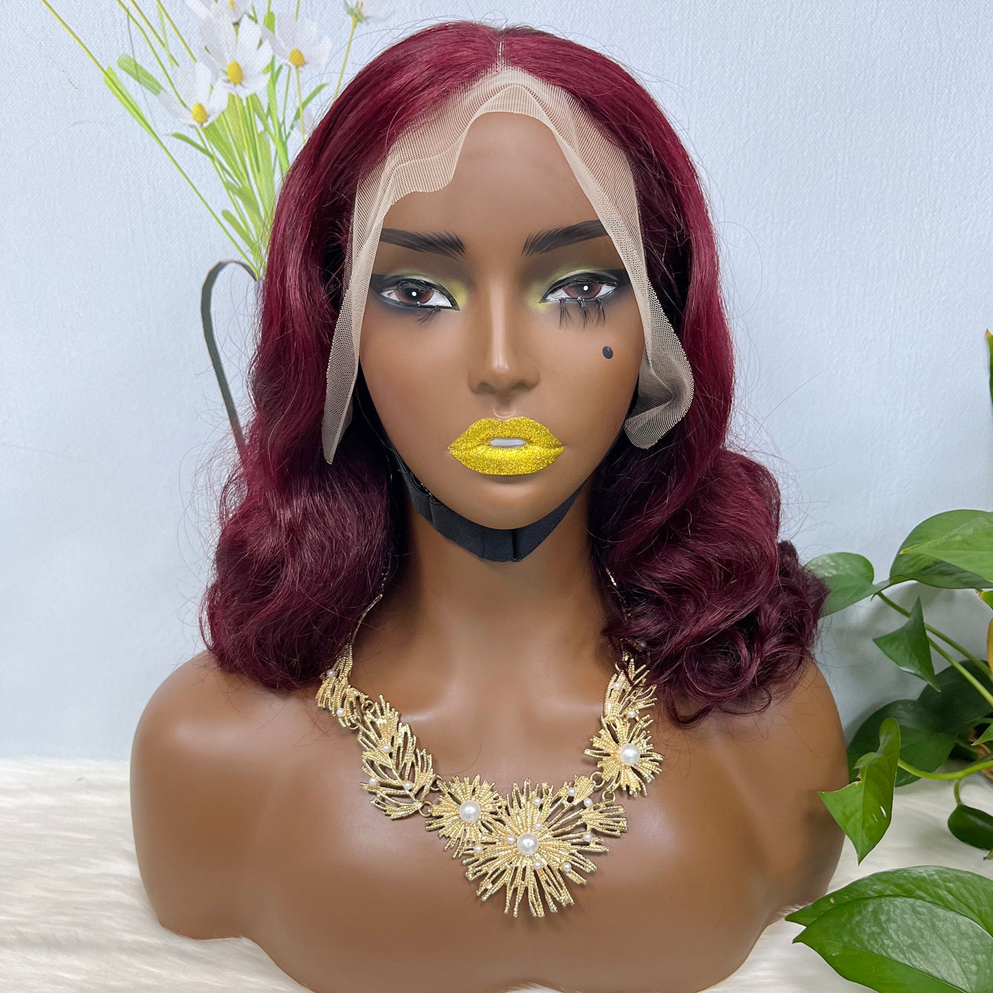 Double Drawn 13*4 Lace Wig Loose Body Wave Natural Human Hair Lace Wigs Wine Color 99J 14"