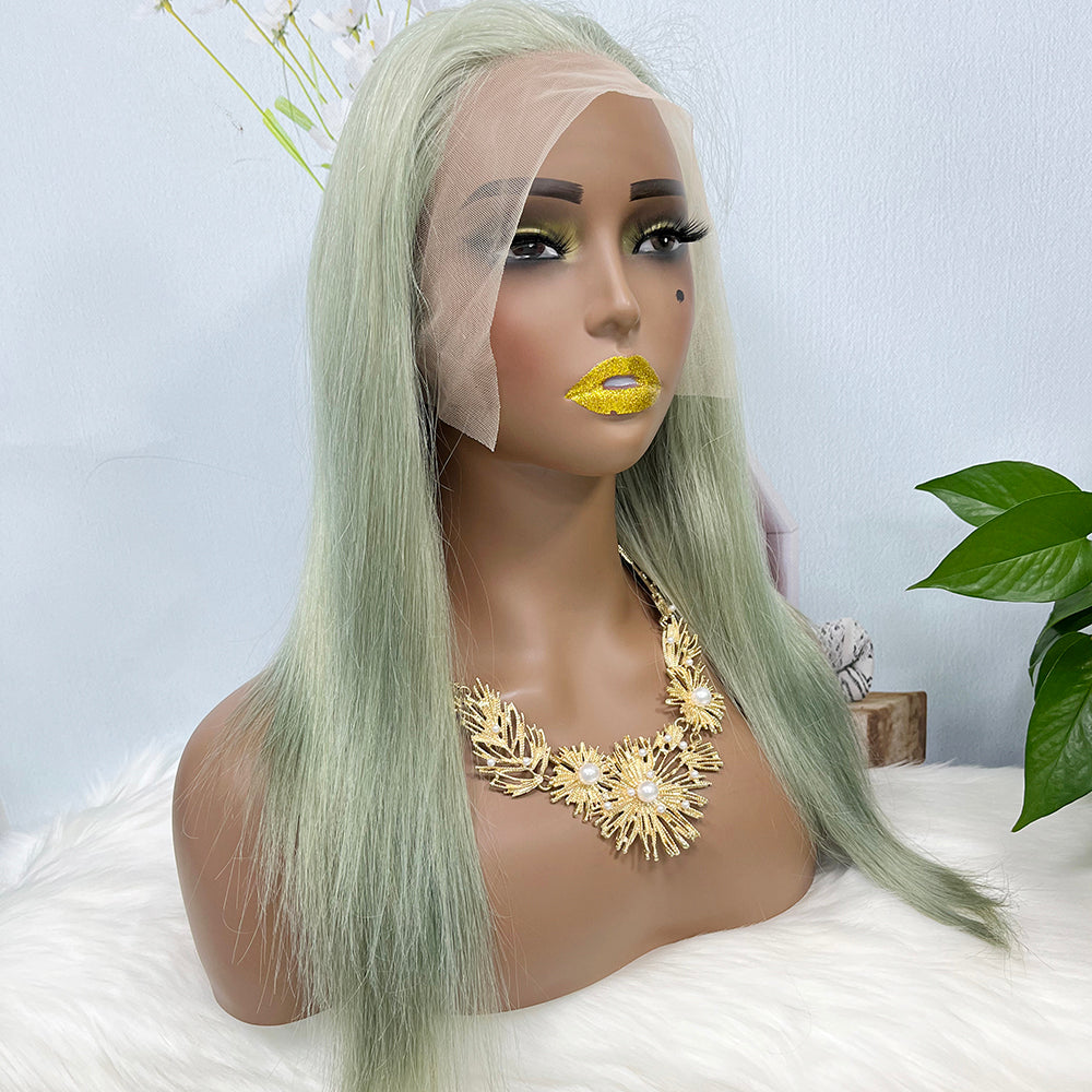 13*4 perruque de dentelle droite naturelle vierge cheveux humains perruque de dentelle couleur vert clair 20 pouces