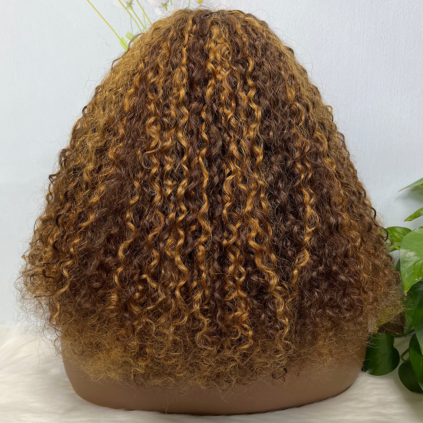 Fringe Double Drawn Wig Human Hair Pixie Curl Wigs 300% Density Piano Color P4/30